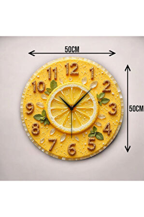 2D Kabartma Görünümlü Limon Renkli Baskı Desenli Sayılı Hediyelik Ahşap Sessiz Duvar Saati 50cm