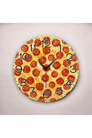 Pizza Görünümlü Renkli Baskı Desenli Sayılı Hediyelik Ahşap Sessiz Duvar Saati 50cm