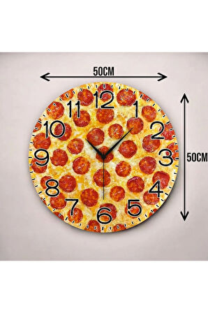 Pizza Görünümlü Renkli Baskı Desenli Sayılı Hediyelik Ahşap Sessiz Duvar Saati 50cm