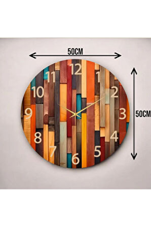 Modern Renkli Baskı Ahşap Desenli Sayılı Hediyelik Ahşap Sessiz Duvar Saati 50cm