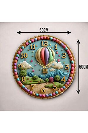 Uçan Balon Tasarımlı Renkli Baskı Desenli Sayılı Hediyelik Ahşap Sessiz Duvar Saati 50cm