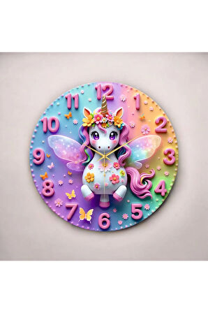 Minik Unicorn Renkli Baskı Tek Boynuzlu At Desenli Sayılı Hediyelik Ahşap Sessiz Duvar Saati 50cm