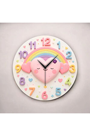 Renkli Baskı Kalp Çocuk Desenli Sayılı Hediyelik Ahşap Sessiz Duvar Saati 50cm