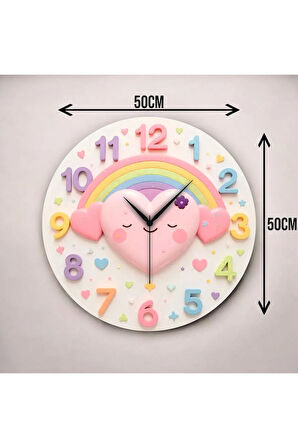 Renkli Baskı Kalp Çocuk Desenli Sayılı Hediyelik Ahşap Sessiz Duvar Saati 50cm