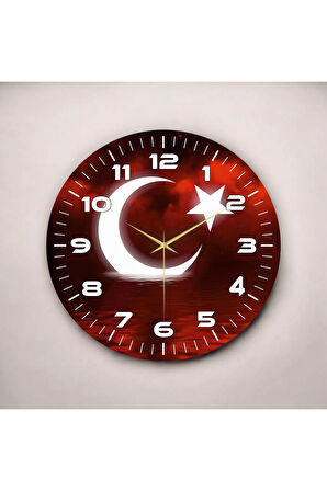 Renkli Baskı Türk Bayrak Desenli Sayılı Hediyelik Ahşap Sessiz Duvar Saati 50cm