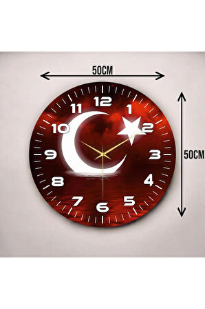 Renkli Baskı Türk Bayrak Desenli Sayılı Hediyelik Ahşap Sessiz Duvar Saati 50cm