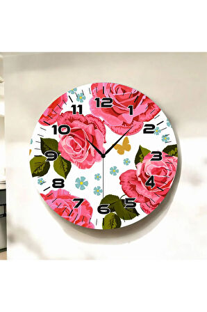Pembe Renkli Baskı Gül Çiçeği Desenli Sayılı Hediyelik Ahşap Sessiz Duvar Saati 50cm