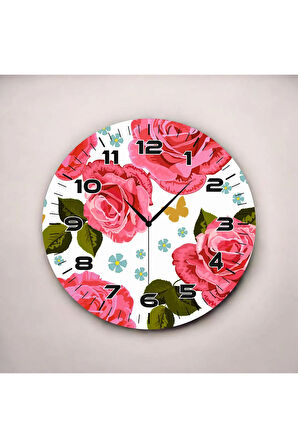 Pembe Renkli Baskı Gül Çiçeği Desenli Sayılı Hediyelik Ahşap Sessiz Duvar Saati 50cm