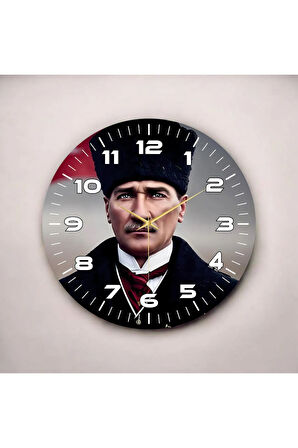 Renkli Baskı Atatürk Desenli Sayılı Hediyelik Ahşap Sessiz Duvar Saati 50cm