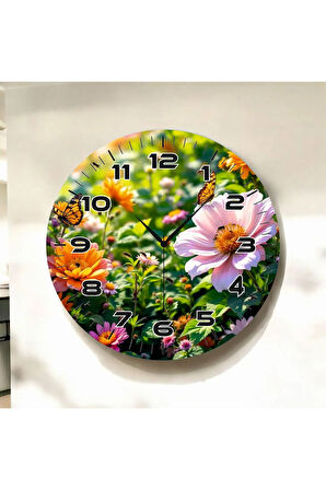Renkli Baskı Çiçek Doğa Desenli Sayılı Hediyelik Ahşap Sessiz Duvar Saati 50cm