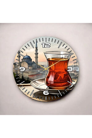 Renkli Baskı Çay İstanbul Desenli Sayılı Hediyelik Ahşap Sessiz Duvar Saati 50cm