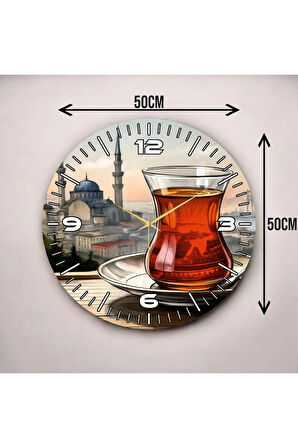 Renkli Baskı Çay İstanbul Desenli Sayılı Hediyelik Ahşap Sessiz Duvar Saati 50cm