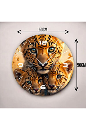 Renkli Baskı Leopar Yavrusu Desenli Sayılı Hediyelik Ahşap Sessiz Duvar Saati 50cm
