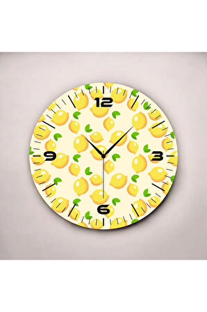 Sarı Renkli Baskı Limon Desenli Sayılı Hediyelik Ahşap Sessiz Duvar Saati 50cm