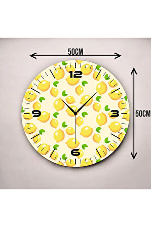 Sarı Renkli Baskı Limon Desenli Sayılı Hediyelik Ahşap Sessiz Duvar Saati 50cm