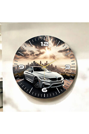 Renkli Baskı Araba Desenli Sayılı Hediyelik Ahşap Sessiz Duvar Saati 50cm