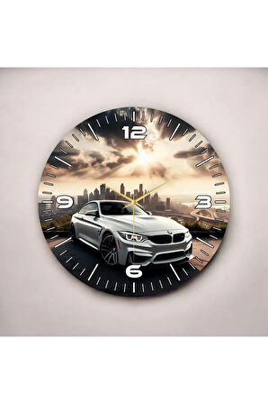 Renkli Baskı Araba Desenli Sayılı Hediyelik Ahşap Sessiz Duvar Saati 50cm