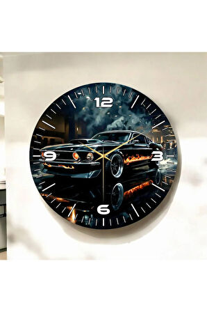 Renkli Baskı Araba Desenli Sayılı Hediyelik Ahşap Sessiz Duvar Saati 50cm