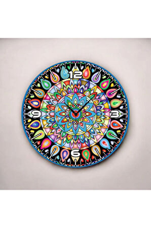 Mandala Motifli Renkli Baskı Desenli Sayılı Hediyelik Ahşap Sessiz Duvar Saati 50cm