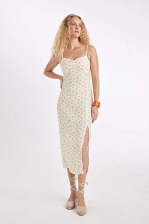 DeFacto Kalp Yaka Çiçekli Maroken Askılı Midi Elbise C0960AX24SMER103