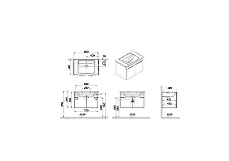 VitrA Quadrum 66165 Lavabo Dolabı, Kapaklı, 80 cm, Antrasit