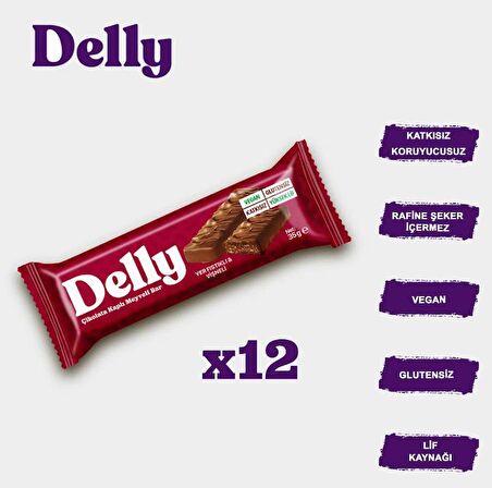 DELLY Çikolata Kaplı - Yer Fıstıklı & Vişneli Meyveli Bar 35g X 12 Adet