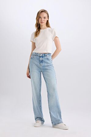 90's Wide Leg Yüksek Bel Uzun Jean Yıkamalı Pantolon