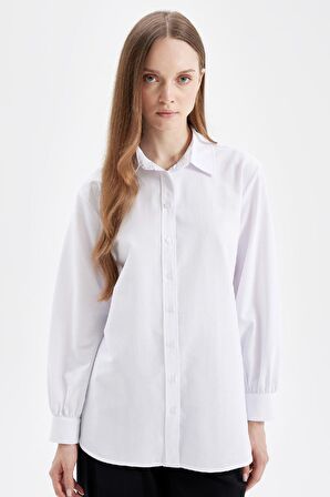 DeFacto Beyaz Relax Fit Gömlek Yaka Poplin Basic Düz Uzun Kollu Gömlek Tunik D4159AX24AUWT83