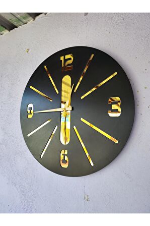 Siyah Gold Renk Hediyelik Ahşap Dekoratif Farklı Desenli Duvar Saati 50cm