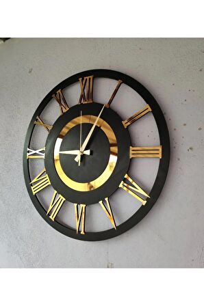 Siyah ve Ceviz Renk Gold Sayılı Hediyelik Ahşap Dekoratif Farklı Desenli Ev Duvar Saati 50cm