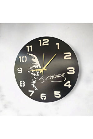 Atatürk İmza Ahşap Siyah Renk Sade Sayılı Hediyelik Sessiz Duvar Saati 50cm