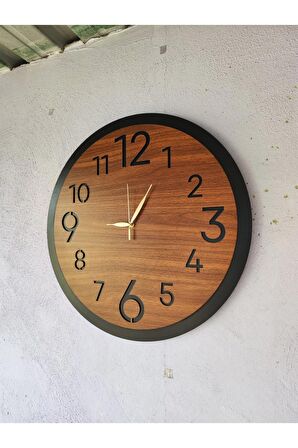 Ahşap Ceviz Mobilya Renk Sade Sayılı Hediyelik Sessiz Duvar Saati 50cm