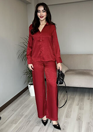 Kadın Kırmızı Aurelia Floş Jakar Saten Gömlek Pantolon İkili Takım Leopar Desenli Alt Üst Takım