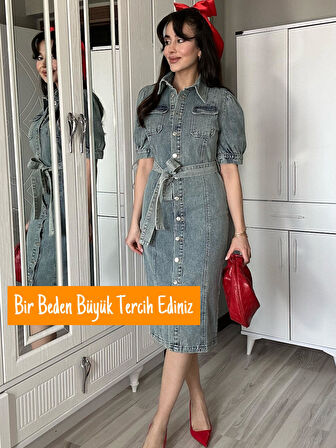 Kadın Açık Mavi Önü Düğmeli Prenses Kol Beli Kuşaklı Kemerli Midi Boy Jean Kot Elbise