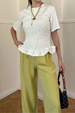 Kadın Ekru Beyaz Full Gipeli Lastikli Kısa Kollu Elegant %100 Pamuk Tişört Bluz