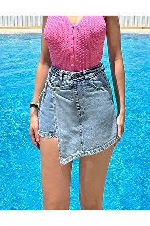 Kadın Mavi Yandan Bağlamalı Kapaklı Denim Şort Etek %100 Pamuk Kot Yeni Sezon Jean Mini Şort Etek