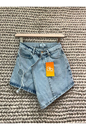 Kadın Mavi Yandan Bağlamalı Kapaklı Denim Şort Etek %100 Pamuk Kot Yeni Sezon Jean Mini Şort Etek