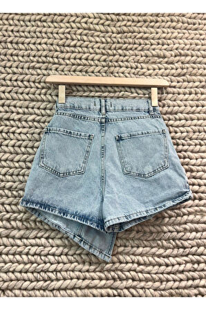 Kadın Mavi Yandan Bağlamalı Kapaklı Denim Şort Etek %100 Pamuk Kot Yeni Sezon Jean Mini Şort Etek