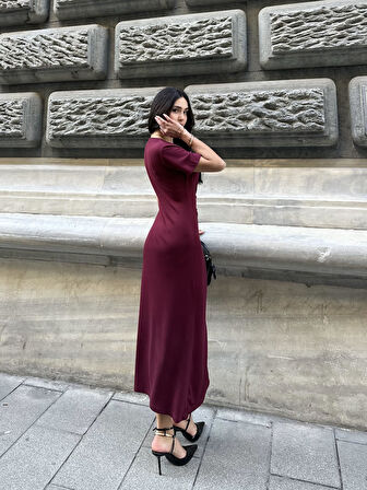 Kadın Bordo Kısa Kollu Oys Premium Pamuklu Kumaş Yandan Kuşak Bağlamalı Uzun Maxi Bilek Boy Elbise