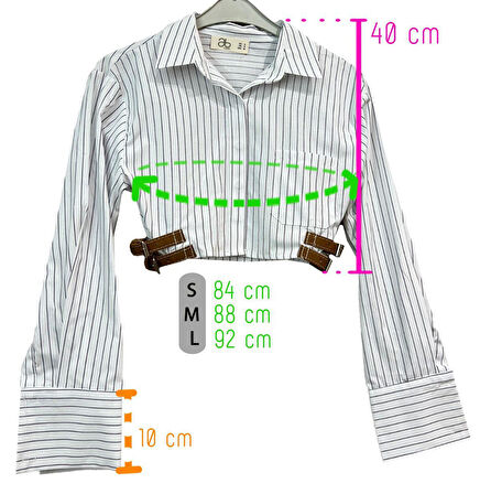 Kadın Beyaz Siyah Çizgili Yanları Çift Kemerli Göğüs Cepli Poplin Gömlek Yeni Sezon Crop Gömlek