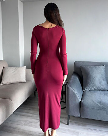 Kadın Bordo Drapeli Vücuda Oturan Esnek Uzun Kollu Maxi Uzun Kylie Elbise Şık Uzun Elbise