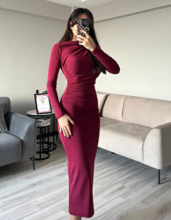 Kadın Bordo Drapeli Vücuda Oturan Esnek Uzun Kollu Maxi Uzun Kylie Elbise Şık Uzun Elbise