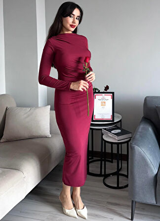 Kadın Bordo Drapeli Vücuda Oturan Esnek Uzun Kollu Maxi Uzun Kylie Elbise Şık Uzun Elbise