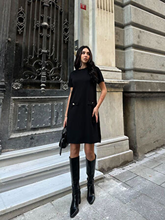 Kadın Siyah Kısa Kollu Oys Premium Pamuklu Modal Kumaş Süs Cepli Kısa Mini Yazlık Rahat Elbise