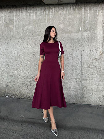 Kadın Bordo Kısa Kollu Oys Premium %100 Pamuk Modal Kumaş Kloş Çan Midi Boy Yazlık Elbise