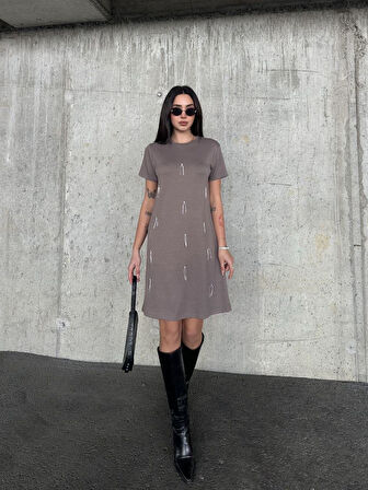 Kadın Vizon Taş Kısa Kollu Oys Premium Pamuklu Modal Kumaş Taş İşlemeli Kısa Mini Yazlık Rahat Elbise