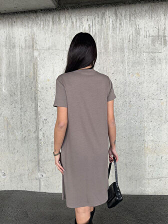 Kadın Vizon Taş Kısa Kollu Oys Premium Pamuklu Modal Kumaş Taş İşlemeli Kısa Mini Yazlık Rahat Elbise