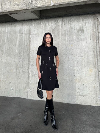 Kadın Siyah Kısa Kollu Oys Premium Pamuklu Modal Kumaş Taş İşlemeli Kısa Mini Yazlık Rahat Elbise