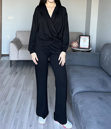 Kadın Siyah Oys Premium Pamuklu Modal Kumaş Kapüşonlu Sweatshirt ve Pantolon Alt Üst Takım Lüx İkili Takım