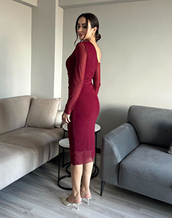 Kadın Bordo Tek Omuz Asimetrik Kol Drapeli Esnek Uzun Kollu Tül Elbise Astarlı Maxi Tül Elbise